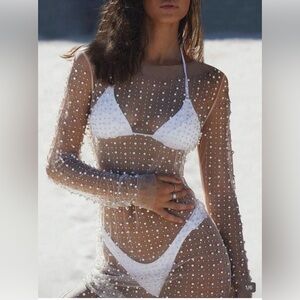 Sheer Pearl-Embellished Mesh Cover-Up Dress